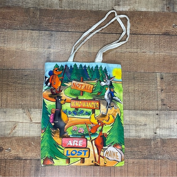 Not All Who Wander Colorful Cartoon Tote Bag Maine Animals Forest Nature - Picture 1 of 7